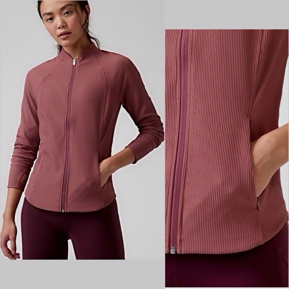 Athleta Salutation Ribbed Full Zip Jacket Mauve Pink Women’s Size Med